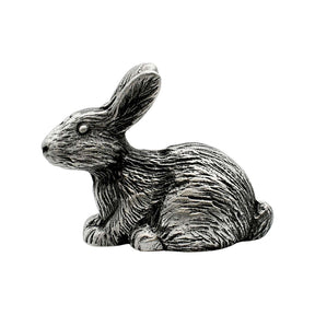 English made pewter rabbit figurine ornament with long upright ears and detailed fur, first side XCSORN077