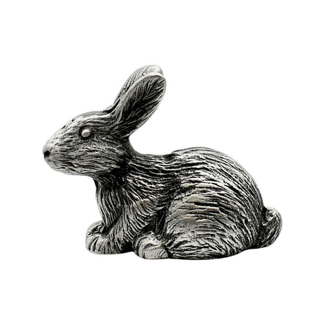 English made pewter rabbit figurine ornament with long upright ears and detailed fur, first side XCSORN077