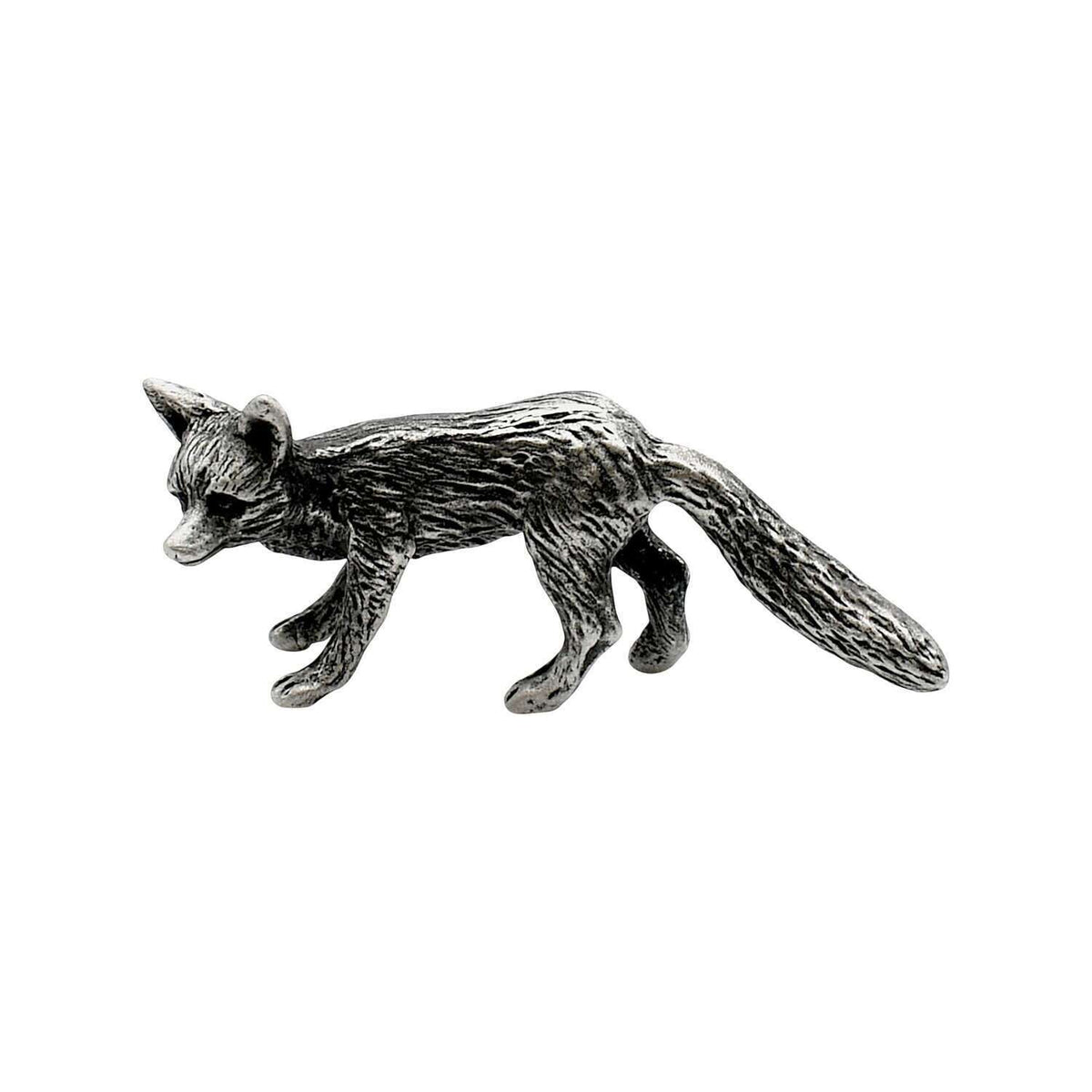English made pewter walking fox figurine ornament with detailed coat and bushy tail – side view XCSORN078
