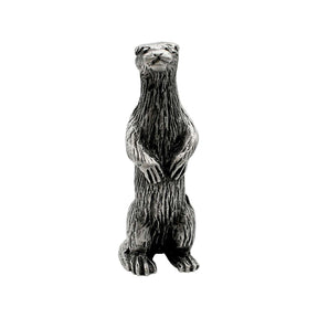 English made pewter standing meerkat figurine ornament with paws held in front, front view XCSORN079