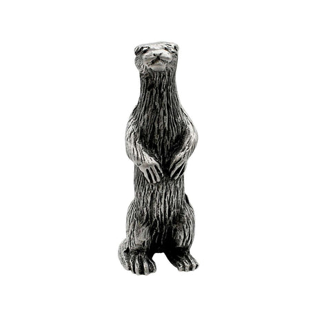 English made pewter standing meerkat figurine ornament with paws held in front, front view XCSORN079