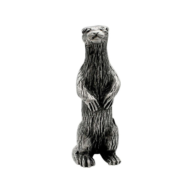 English made pewter standing meerkat figurine ornament with paws held in front, front view XCSORN079