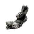English-made pewter laying rabbit figurine ornament with upright ears, front-side view XCSORN080