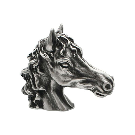 English made pewter traditional horse head figurine ornament showing sculpted mane and muzzle, right profile XCSORN081
