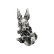English made pewter rabbit with flowers figurine ornament, seated bunny holding a bouquet front view XCSORN082