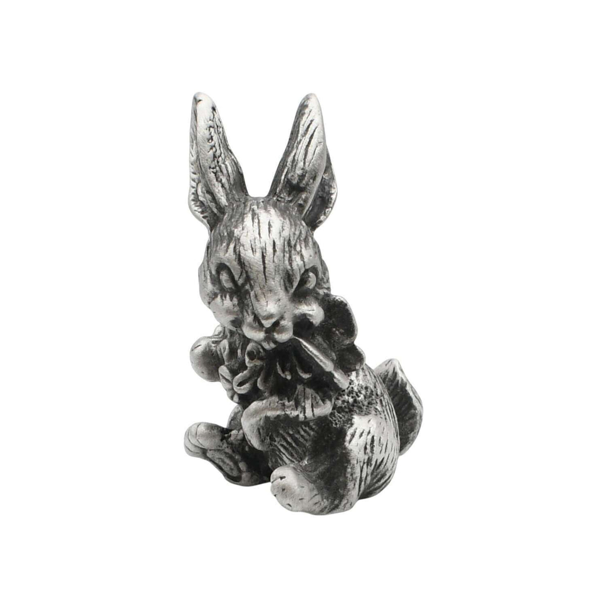 English made pewter rabbit with flowers figurine ornament, seated bunny holding a bouquet front view XCSORN082