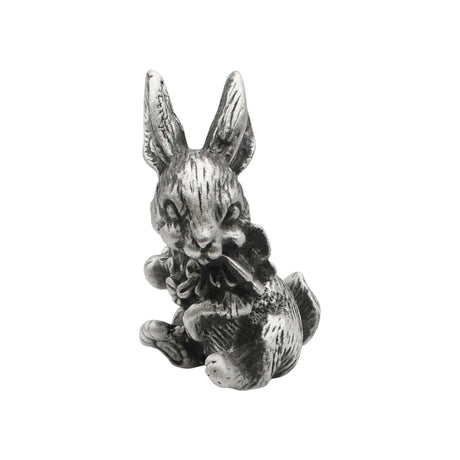 English made pewter rabbit with flowers figurine ornament, seated bunny holding a bouquet front view XCSORN082