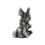 English made pewter rabbit holding flowers figurine ornament rear view showing textured fur and tail XCSORN082