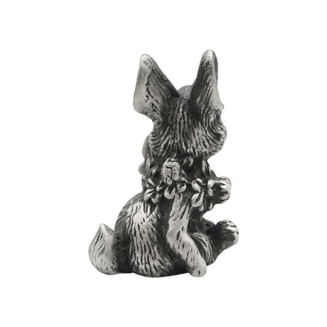 English made pewter rabbit holding flowers figurine ornament rear view showing textured fur and tail XCSORN082