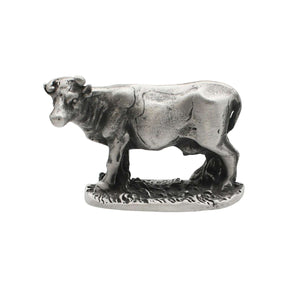 English made pewter cow figurine ornament with horns standing on grassy base, first side XCSORN083