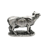 English made pewter farmyard cow ornament, reverse side showing sculpted body and grass base XCSORN083