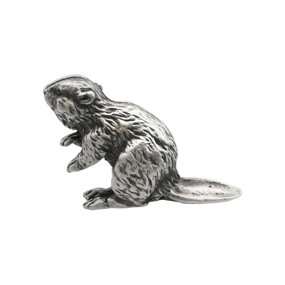 English-made pewter beaver ornament opposite profile with sculpted fur and broad tail XCSORN084
