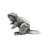 English-made pewter beaver ornament opposite profile with sculpted fur and broad tail XCSORN084