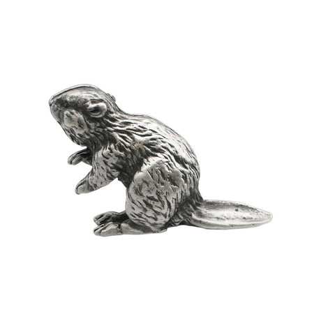 English-made pewter beaver ornament opposite profile with sculpted fur and broad tail XCSORN084