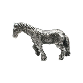 English made pewter Shire Horse figurine ornament with detailed coat, lowered head and feathered hooves first profile XCSORN086