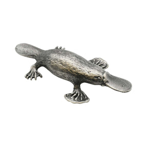 English made pewter platypus figurine ornament showing duck-like bill, webbed feet and textured body XCSORN088