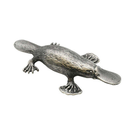 English made pewter platypus figurine ornament showing duck-like bill, webbed feet and textured body XCSORN088
