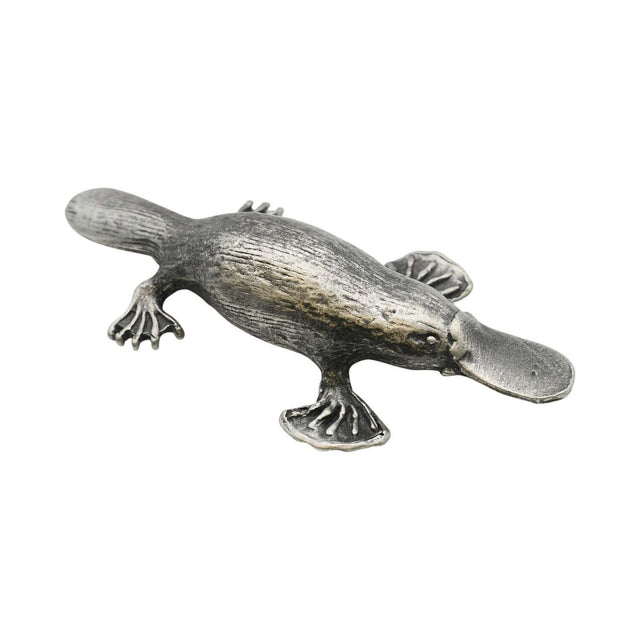 English made pewter platypus figurine ornament showing duck-like bill, webbed feet and textured body XCSORN088