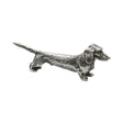 English made pewter long haired dachshund figurine ornament standing with extended tail first side XCSORN089