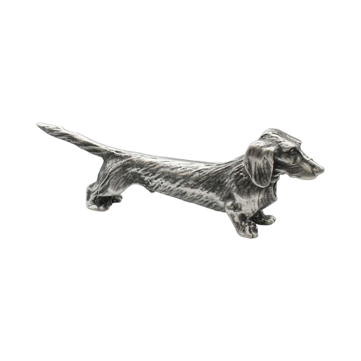 English made pewter long haired dachshund figurine ornament standing with extended tail first side XCSORN089