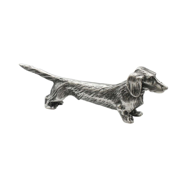 English made pewter long haired dachshund figurine ornament standing with extended tail first side XCSORN089
