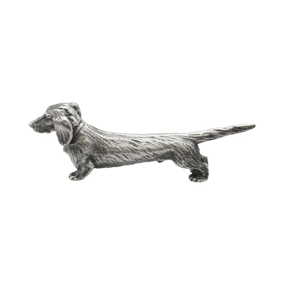 English made pewter long haired dachshund ornament opposite side showing floppy ears and short legs XCSORN089