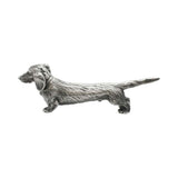 English made pewter long haired dachshund ornament opposite side showing floppy ears and short legs XCSORN089