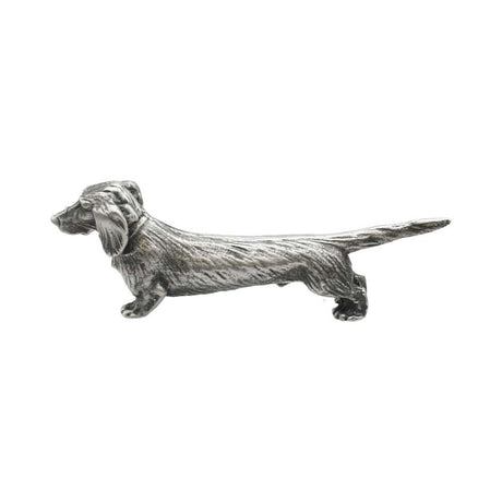 English made pewter long haired dachshund ornament opposite side showing floppy ears and short legs XCSORN089