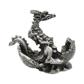 English-made pewter dragon hatching from a cracked egg, detailed wings and scales, front view XCSORN090