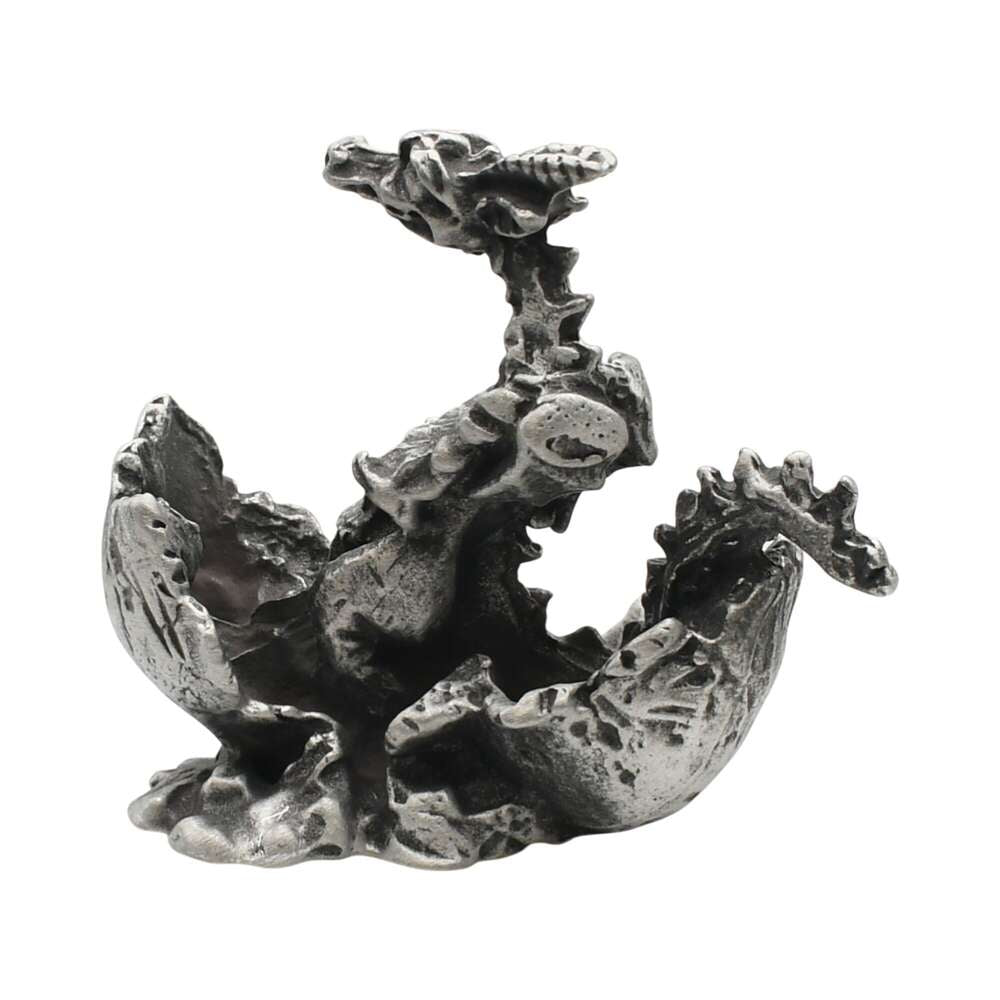 English-made pewter dragon in egg figurine ornament opposite view showing cracked eggshell and dragon wings XCSORN090