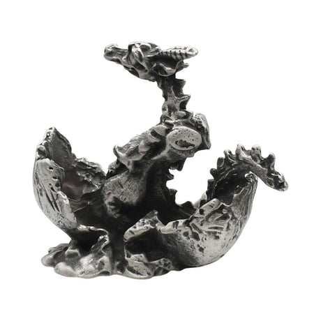 English-made pewter dragon in egg figurine ornament opposite view showing cracked eggshell and dragon wings XCSORN090