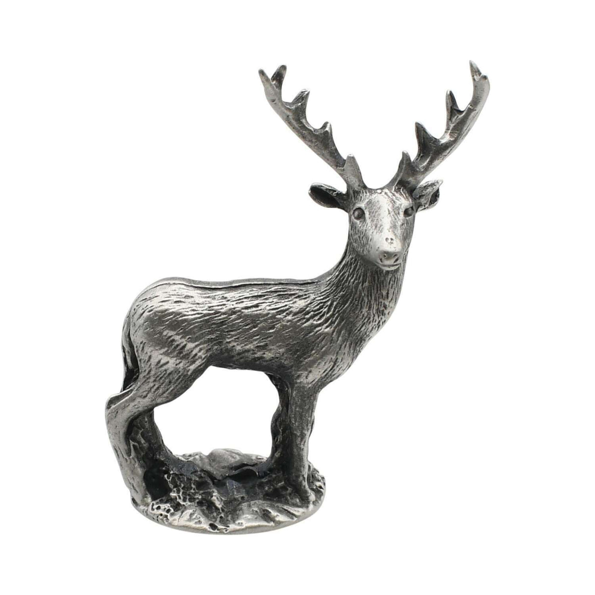 English made pewter standing stag figurine ornament with large branching antlers, front view XCSORN092