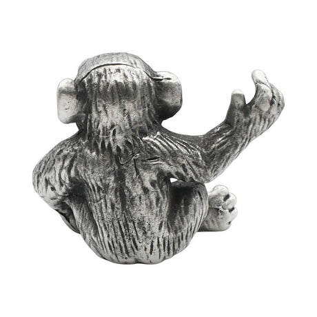 English made pewter chimpanzee ornament rear view showing sculpted fur and raised arm XCSORN094