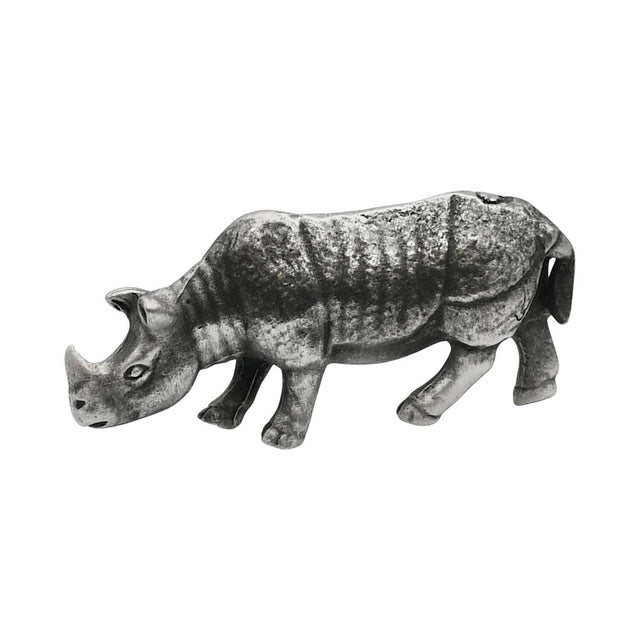 English made pewter African rhino figurine ornament showing two horns and lowered head first side view XCSORN097