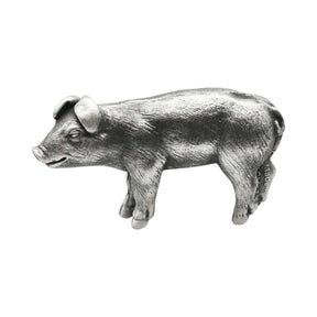 English made pewter pig figurine ornament with floppy ears and curled tail, first side profile XCSORN099
