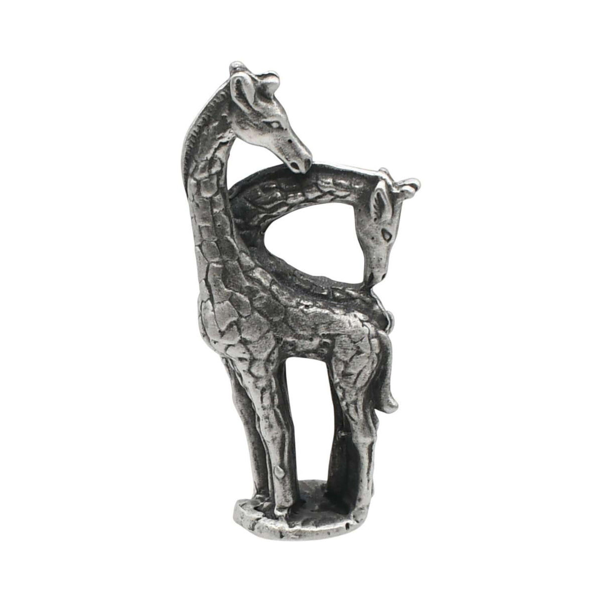 English made pewter pair of giraffes ornament with long intertwined necks front view XCSORN103