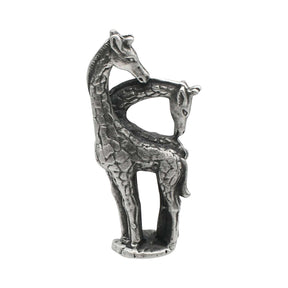 English made pewter pair of giraffes ornament with long intertwined necks front view XCSORN103