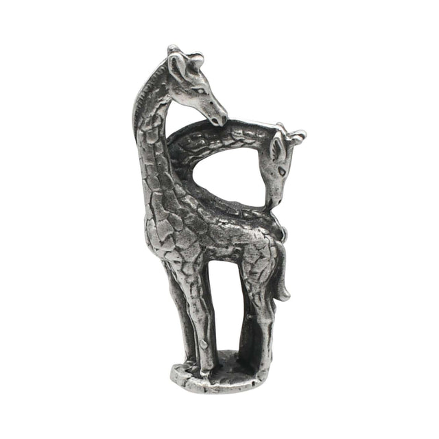 English made pewter pair of giraffes ornament with long intertwined necks front view XCSORN103