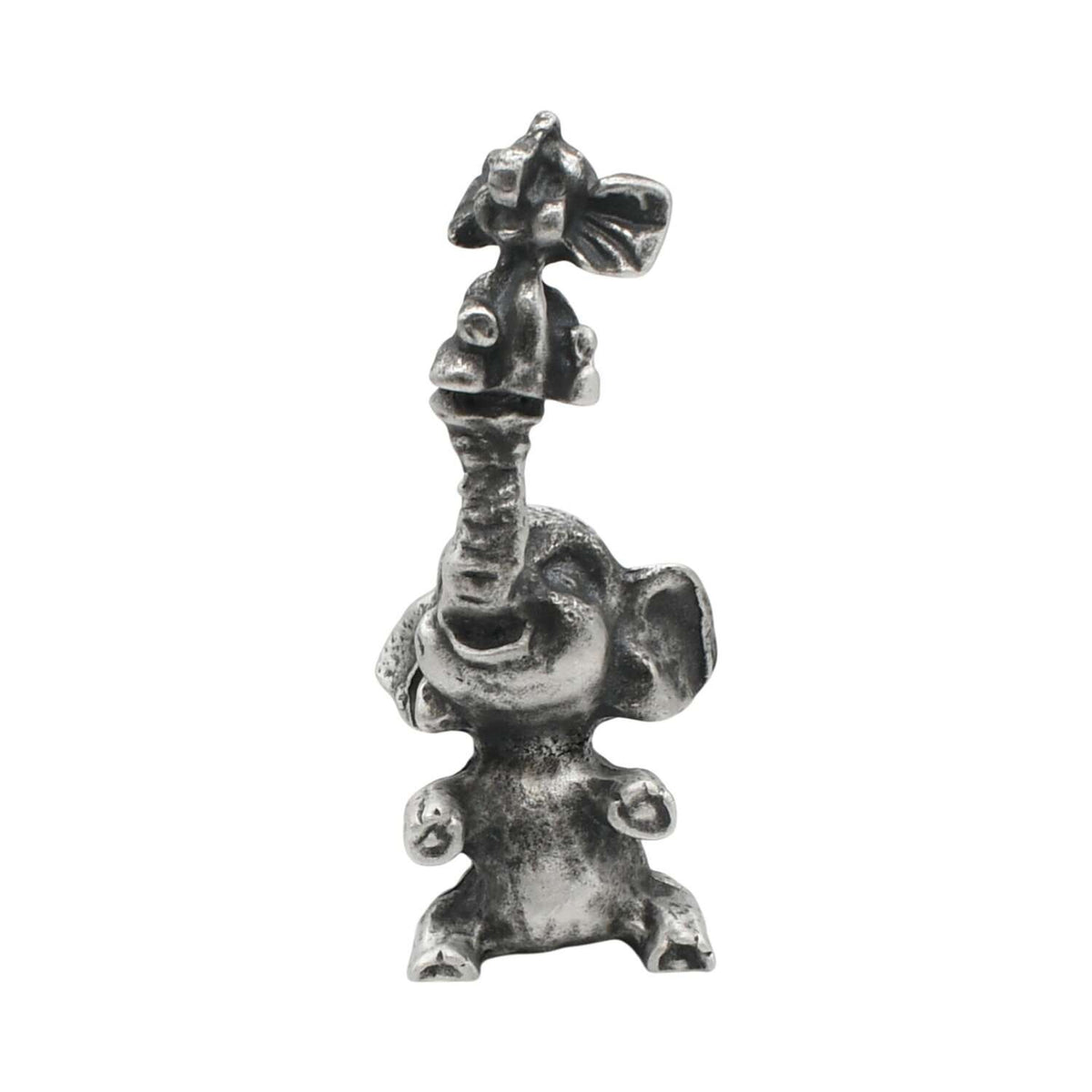 English made pewter elephant with baby figurine ornament, front view showing raised trunk XCSORN104
