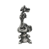 English made pewter elephant with baby figurine ornament, front view showing raised trunk XCSORN104