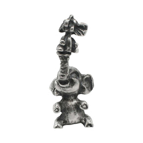 English made pewter elephant with baby figurine ornament, front view showing raised trunk XCSORN104