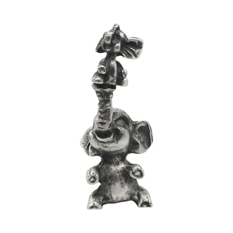 English made pewter elephant with baby figurine ornament, front view showing raised trunk XCSORN104