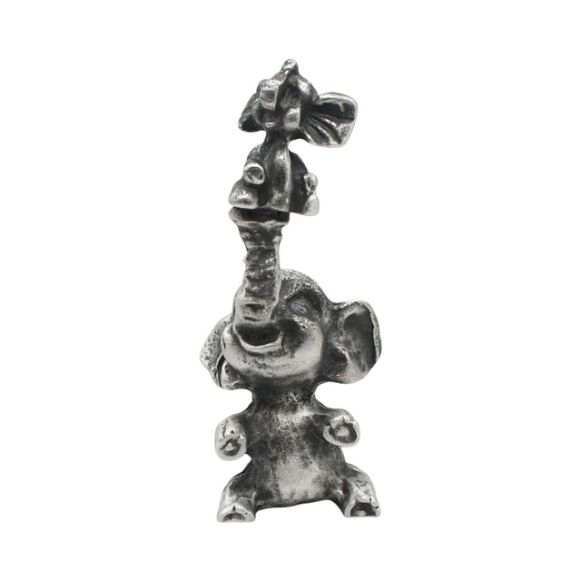 English made pewter elephant with baby figurine ornament, front view showing raised trunk XCSORN104