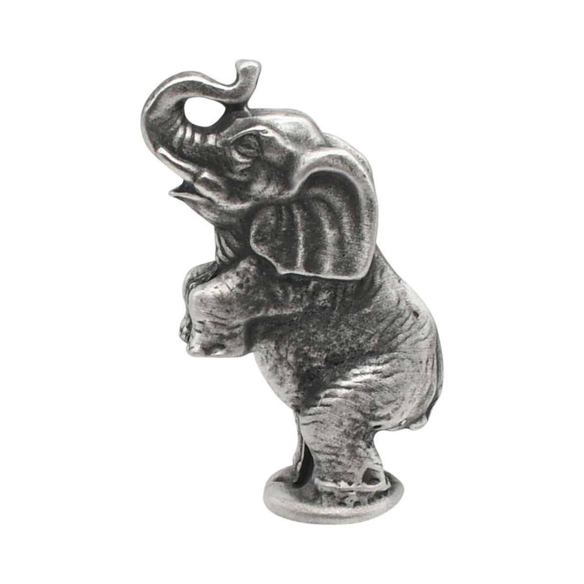 English made pewter circus elephant ornament balancing on round pedestal with raised trunk first view XCSORN105