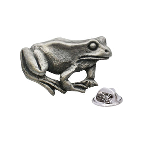 Antique finish pewter frog lapel pin badge with clutch fastening