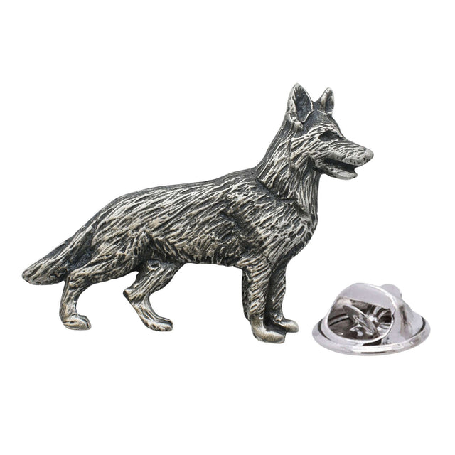 Antique finish German Shepherd dog pewter lapel pin badge with clutch fastening