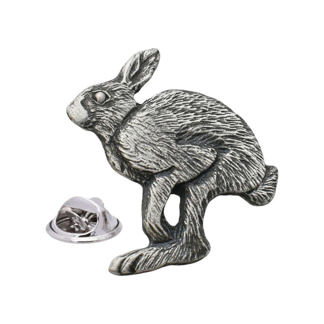 Antique finish hare pewter lapel pin badge with metal clutch fastening