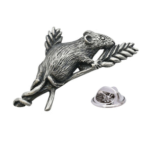 Antique finish mouse pewter lapel pin badge on leafy branch with clutch fastening