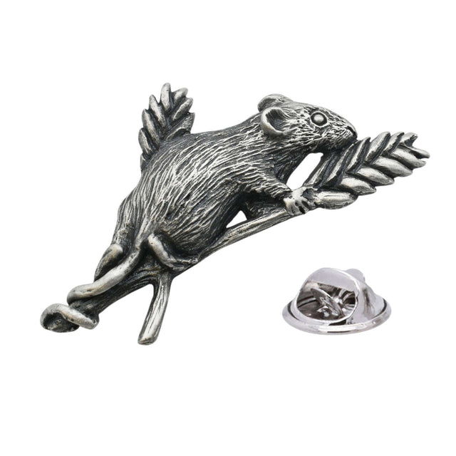 Antique finish mouse pewter lapel pin badge on leafy branch with clutch fastening