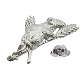 Shiny bright finish mouse pewter lapel pin badge on leafy branch with clutch fastening